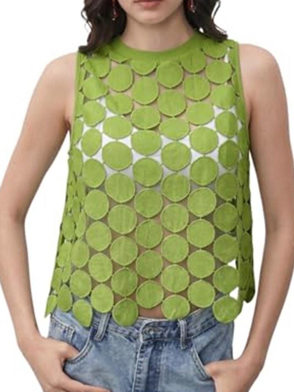 Women's Green Sheer Tank Tops See Through Polka Dots Asymmetrical Top Summer